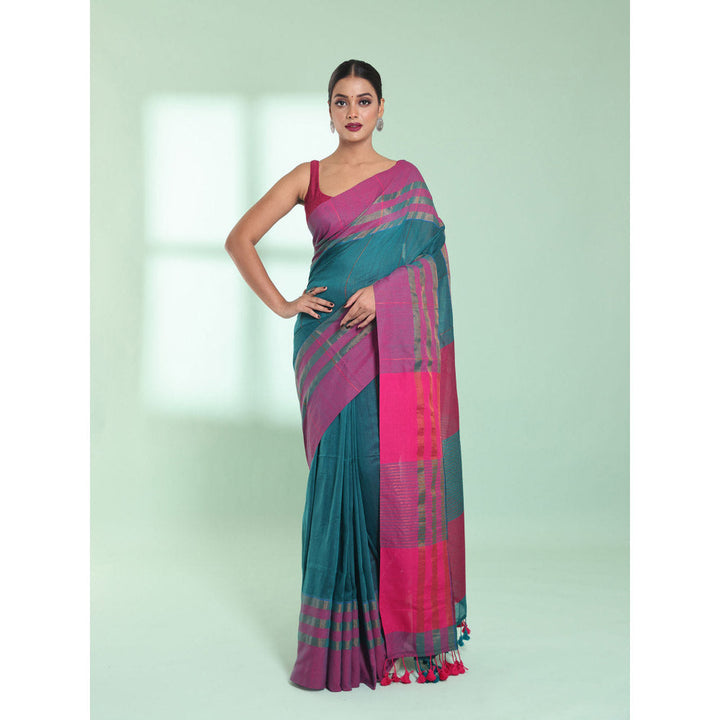 CHARUKRITI Teal Cotton Saree with Zari Border with Unstitched Blouse