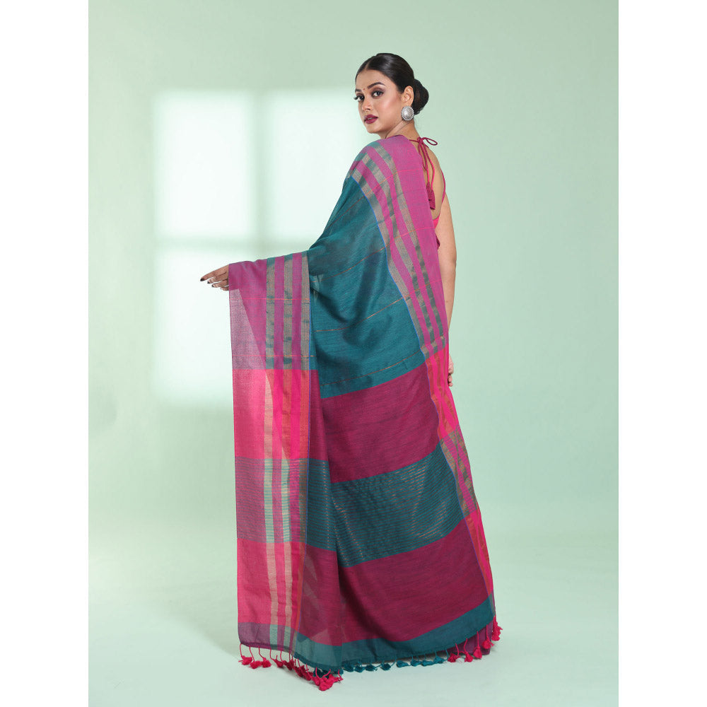 CHARUKRITI Teal Cotton Saree with Zari Border with Unstitched Blouse