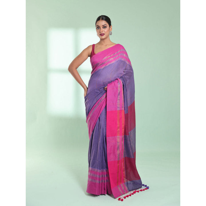 CHARUKRITI Violet Cotton Saree with Zari Border with Unstitched Blouse