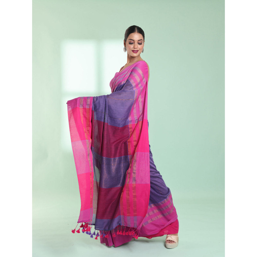 CHARUKRITI Violet Cotton Saree with Zari Border with Unstitched Blouse