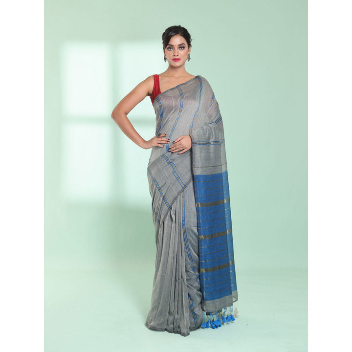 CHARUKRITI Steel Grey Cotton Saree with Zari Stripes with Unstitched Blouse