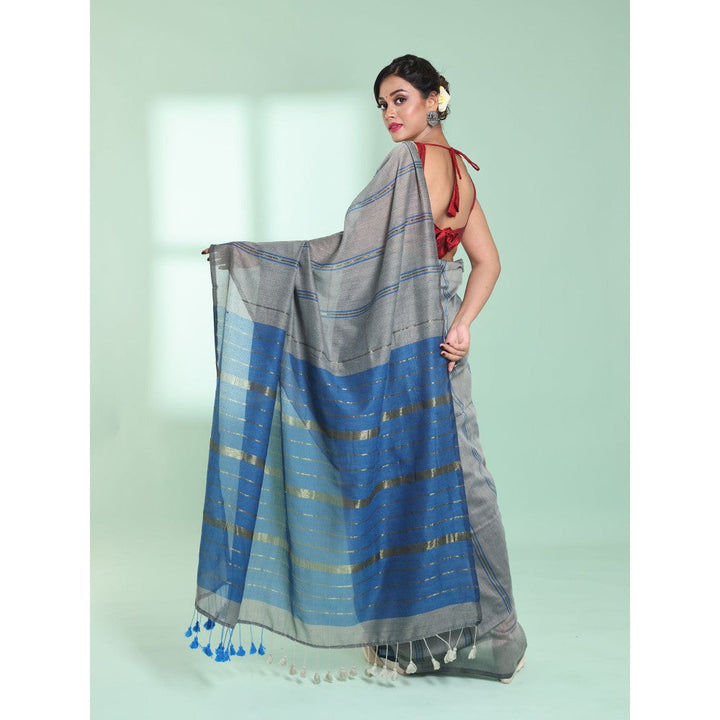 CHARUKRITI Steel Grey Cotton Saree with Zari Stripes with Unstitched Blouse