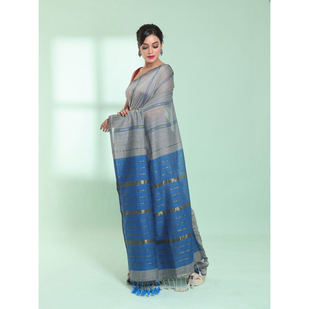 CHARUKRITI Steel Grey Cotton Saree with Zari Stripes with Unstitched Blouse