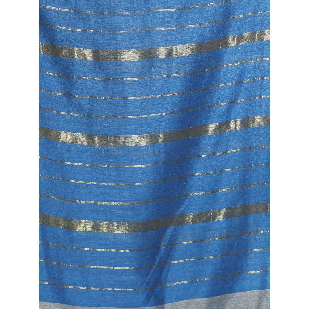 CHARUKRITI Steel Grey Cotton Saree with Zari Stripes with Unstitched Blouse