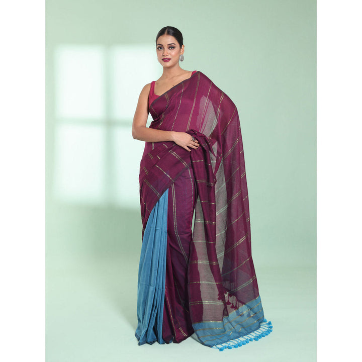 CHARUKRITI Dark Purple Zari Stripes Cotton Saree with Unstitched Blouse