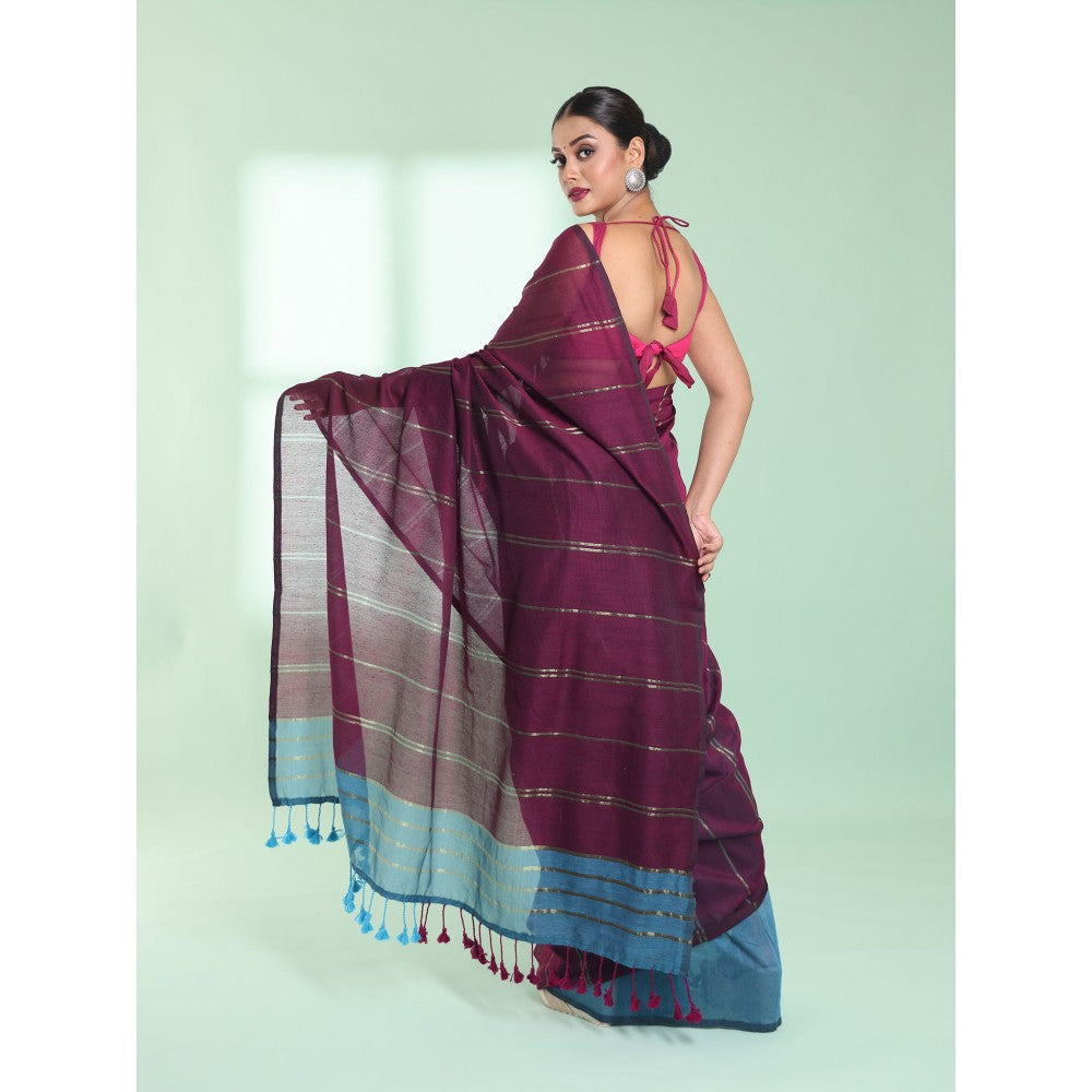 CHARUKRITI Dark Purple Zari Stripes Cotton Saree with Unstitched Blouse