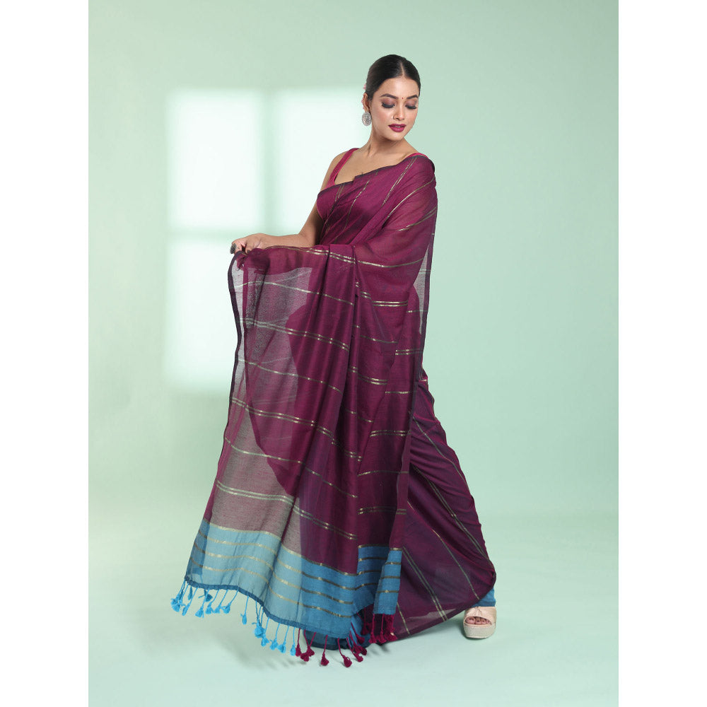 CHARUKRITI Dark Purple Zari Stripes Cotton Saree with Unstitched Blouse