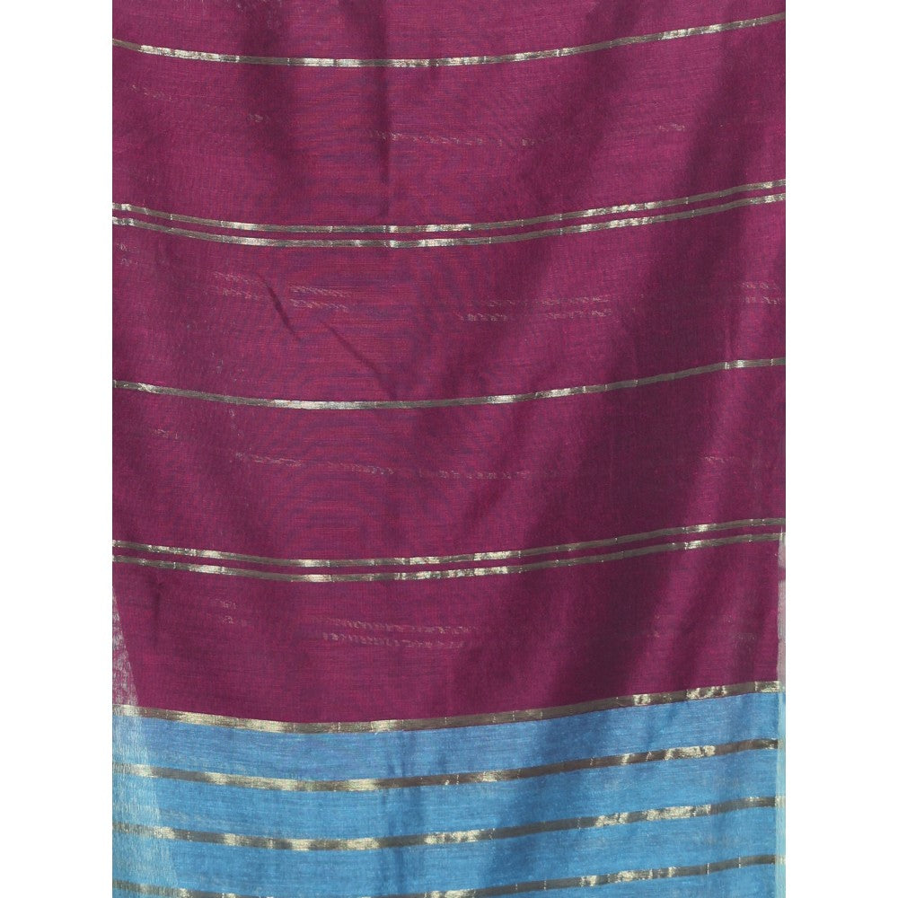 CHARUKRITI Dark Purple Zari Stripes Cotton Saree with Unstitched Blouse