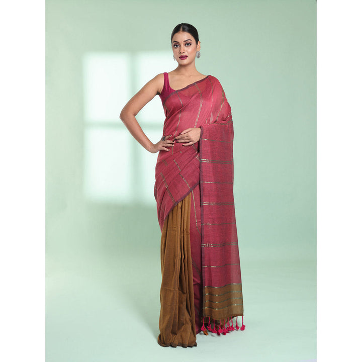 CHARUKRITI Punch Pink Zari Stripes Cotton Saree with Unstitched Blouse