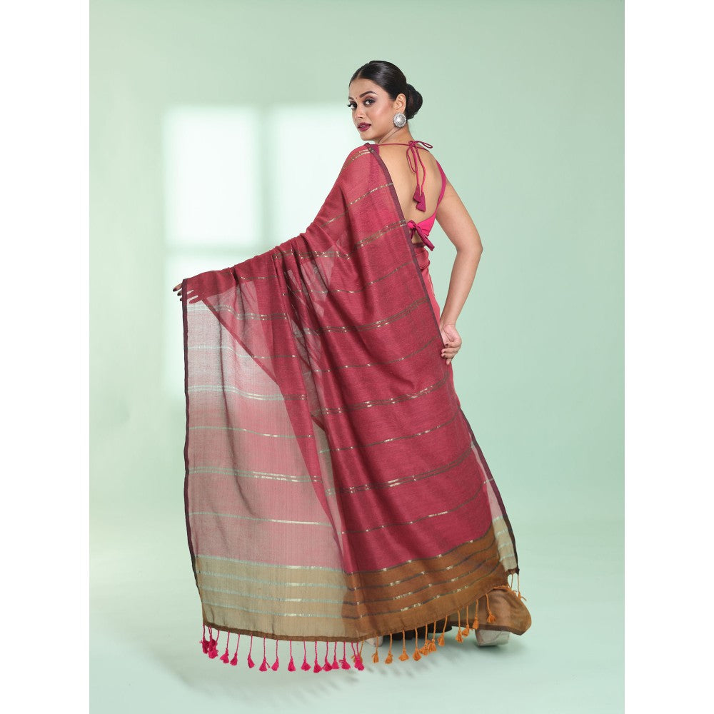 CHARUKRITI Punch Pink Zari Stripes Cotton Saree with Unstitched Blouse