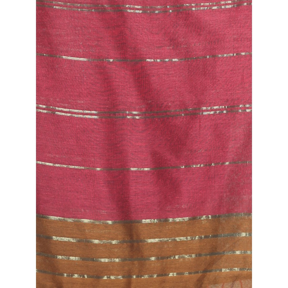 CHARUKRITI Punch Pink Zari Stripes Cotton Saree with Unstitched Blouse