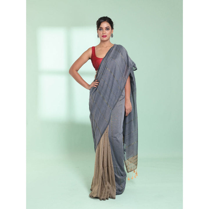 CHARUKRITI Grey Half & Half Cotton Saree with Zari Stripes with Unstitched Blouse