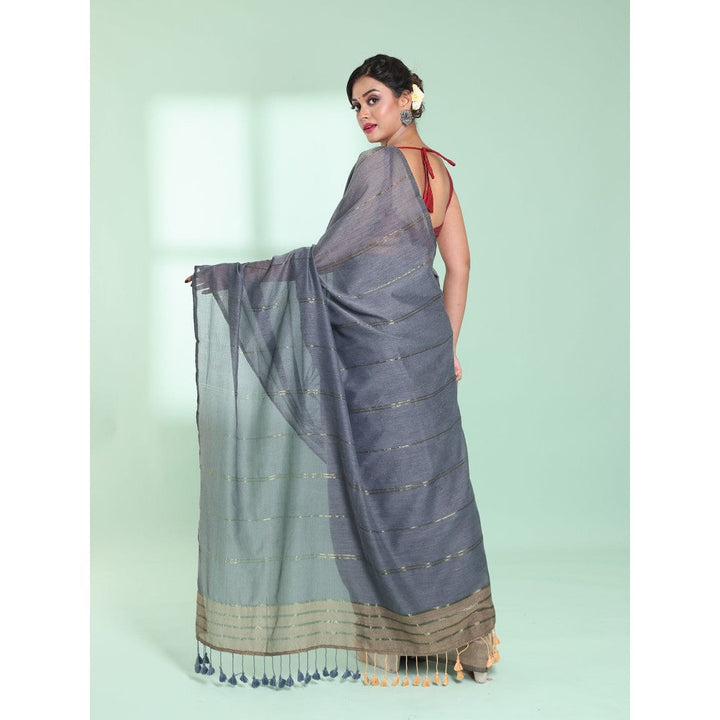 CHARUKRITI Grey Half & Half Cotton Saree with Zari Stripes with Unstitched Blouse