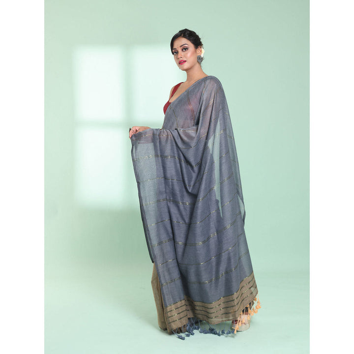 CHARUKRITI Grey Half & Half Cotton Saree with Zari Stripes with Unstitched Blouse