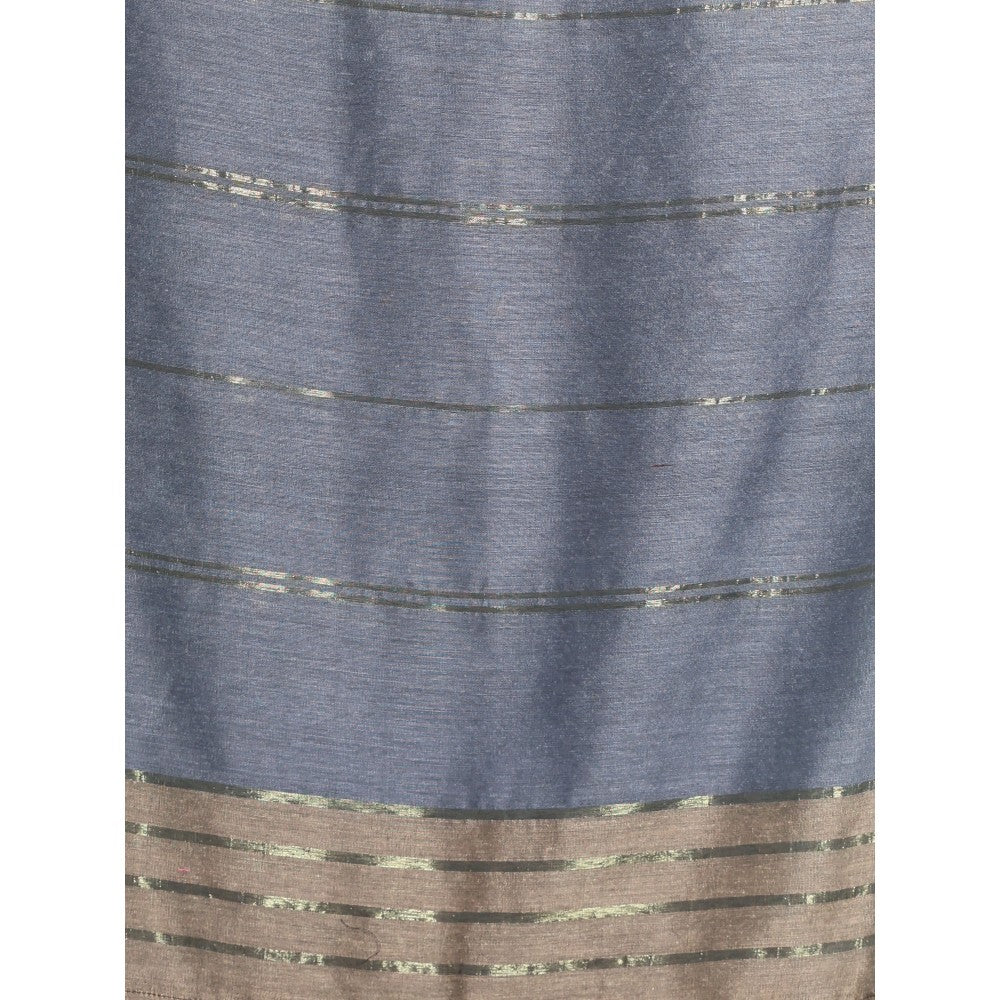 CHARUKRITI Grey Half & Half Cotton Saree with Zari Stripes with Unstitched Blouse