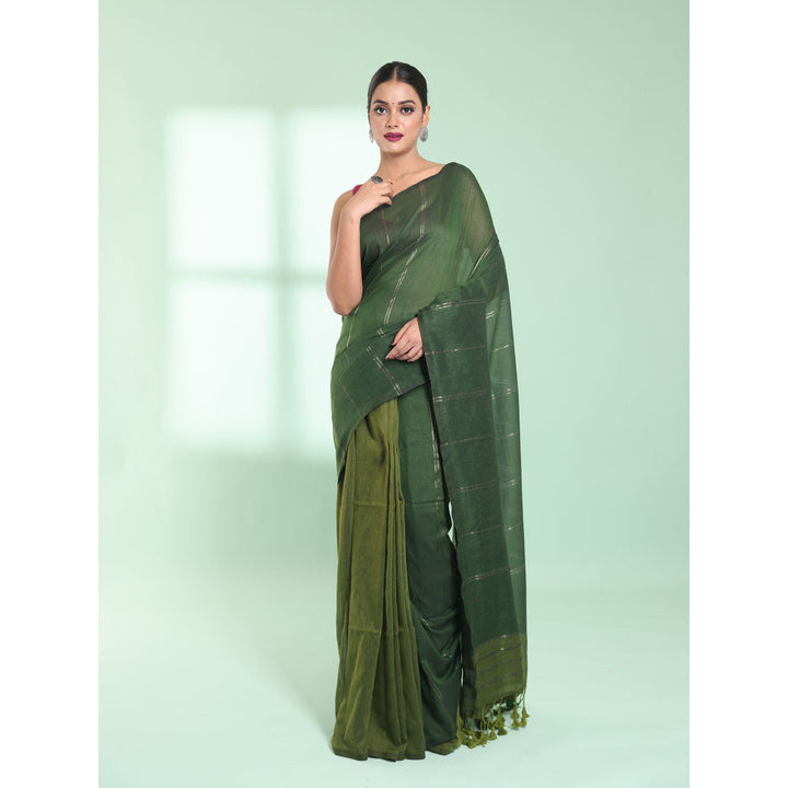 CHARUKRITI Green Half & Half Cotton Saree with Zari Stripes with Unstitched Blouse