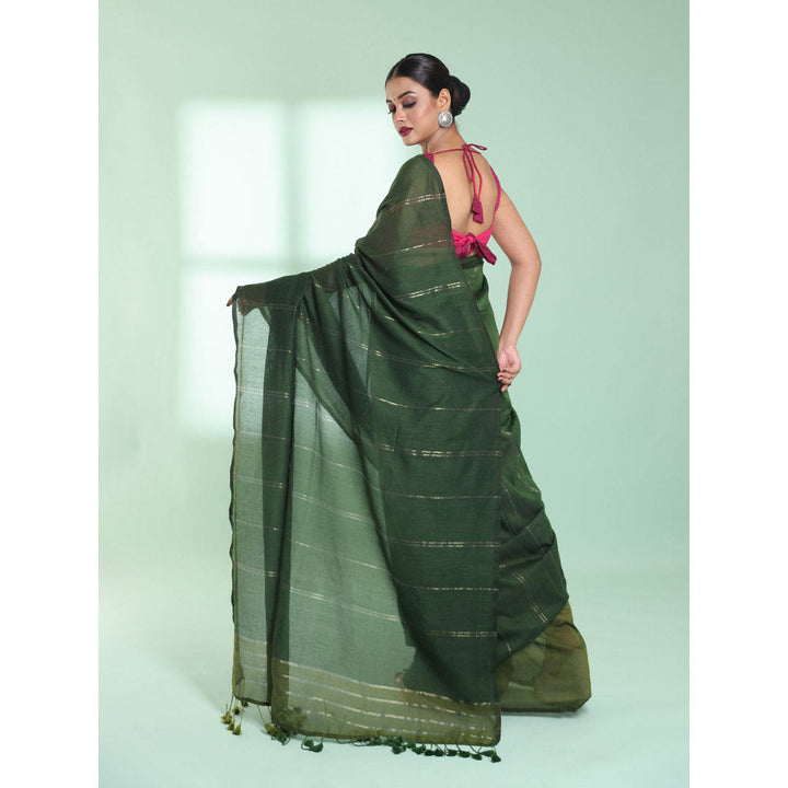 CHARUKRITI Green Half & Half Cotton Saree with Zari Stripes with Unstitched Blouse