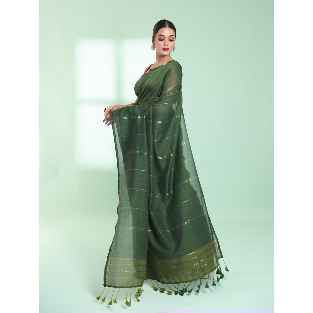 CHARUKRITI Green Half & Half Cotton Saree with Zari Stripes with Unstitched Blouse