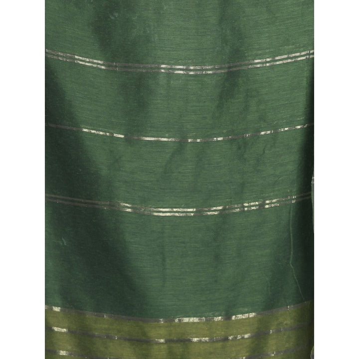 CHARUKRITI Green Half & Half Cotton Saree with Zari Stripes with Unstitched Blouse