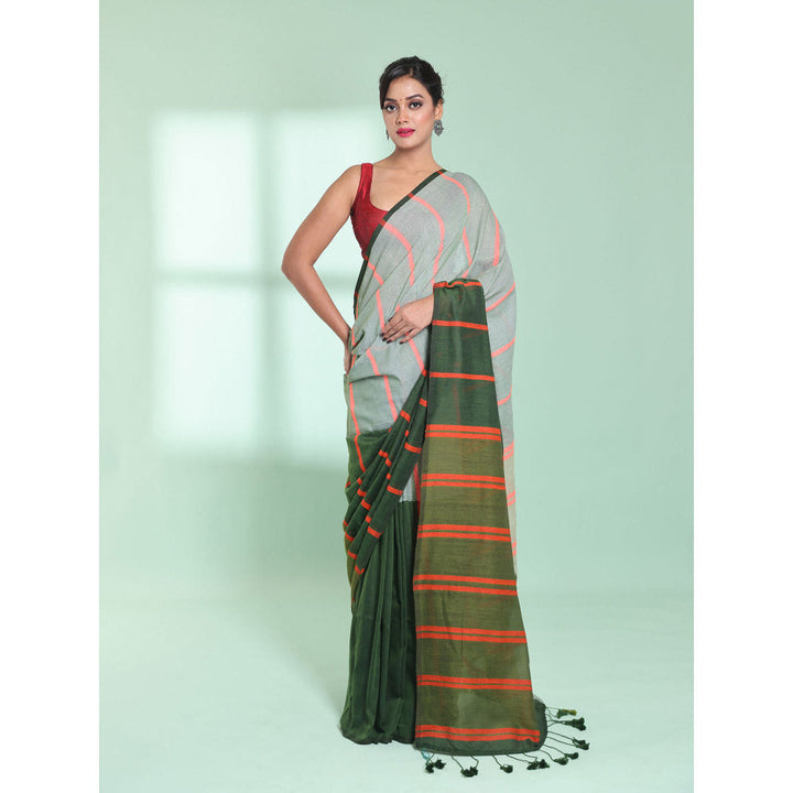 CHARUKRITI Green Patli Pallu Cotton Saree with Stripes Design with Unstitched Blouse