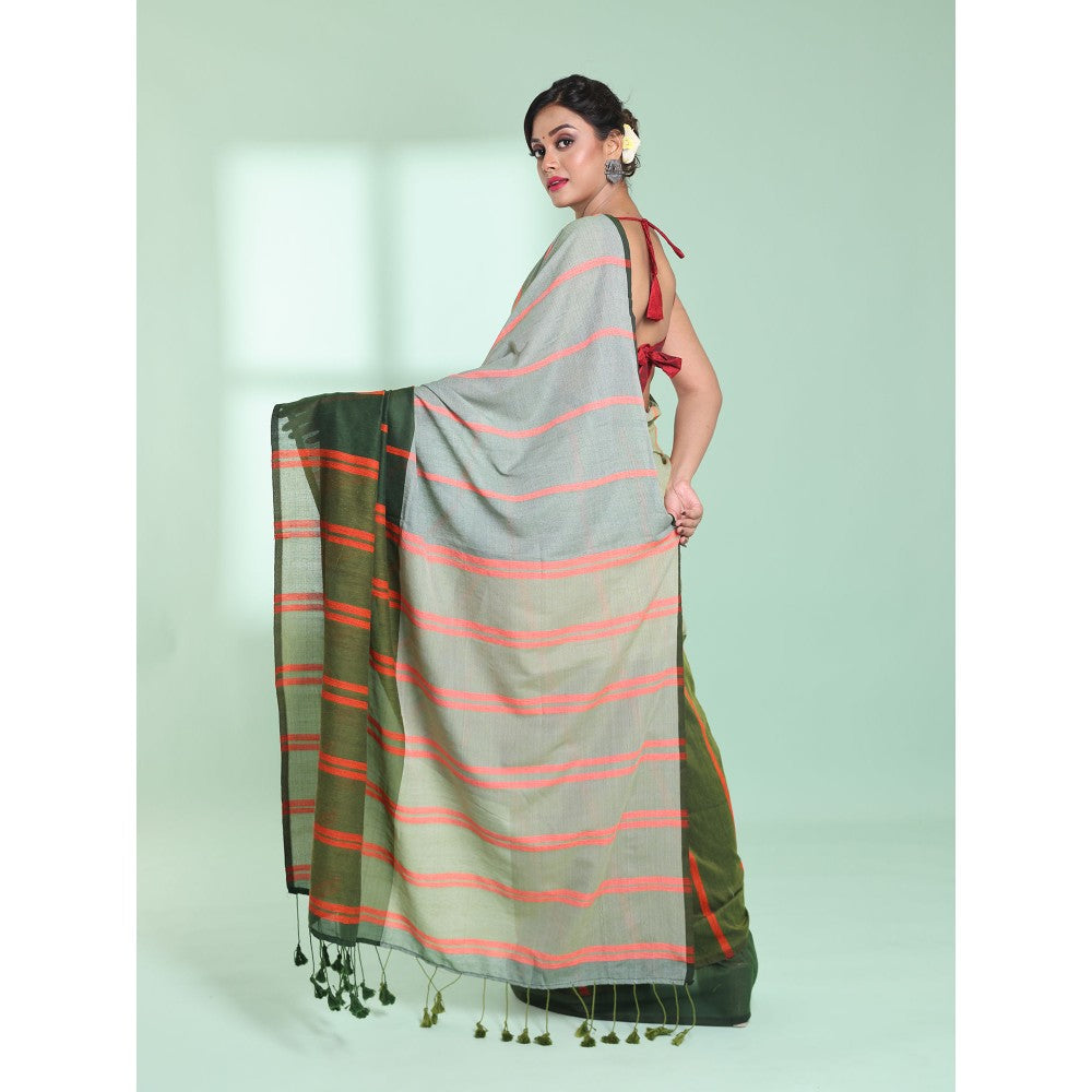 CHARUKRITI Green Patli Pallu Cotton Saree with Stripes Design with Unstitched Blouse