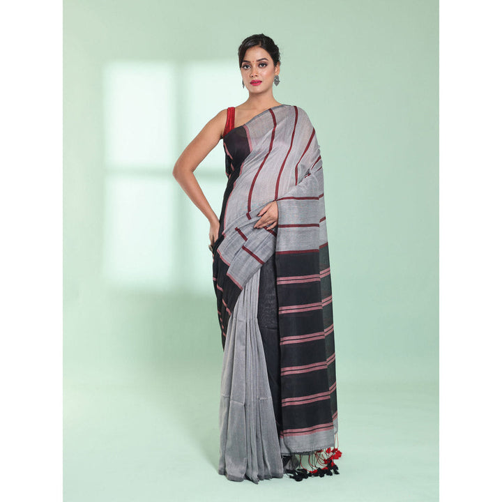 CHARUKRITI Grey Patli Pallu Cotton Saree with Stripes Design with Unstitched Blouse