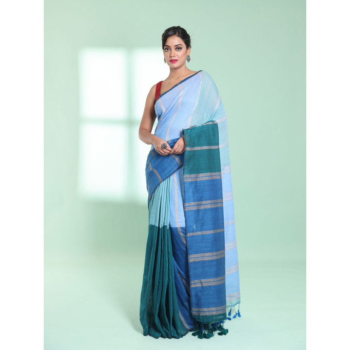 CHARUKRITI Blue Patli Pallu Cotton Saree with Stripes Design with Unstitched Blouse