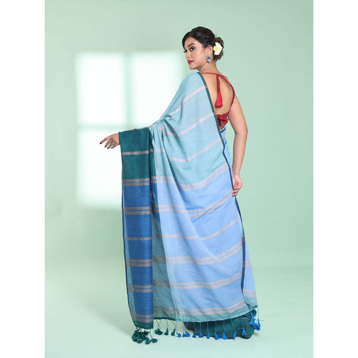 CHARUKRITI Blue Patli Pallu Cotton Saree with Stripes Design with Unstitched Blouse