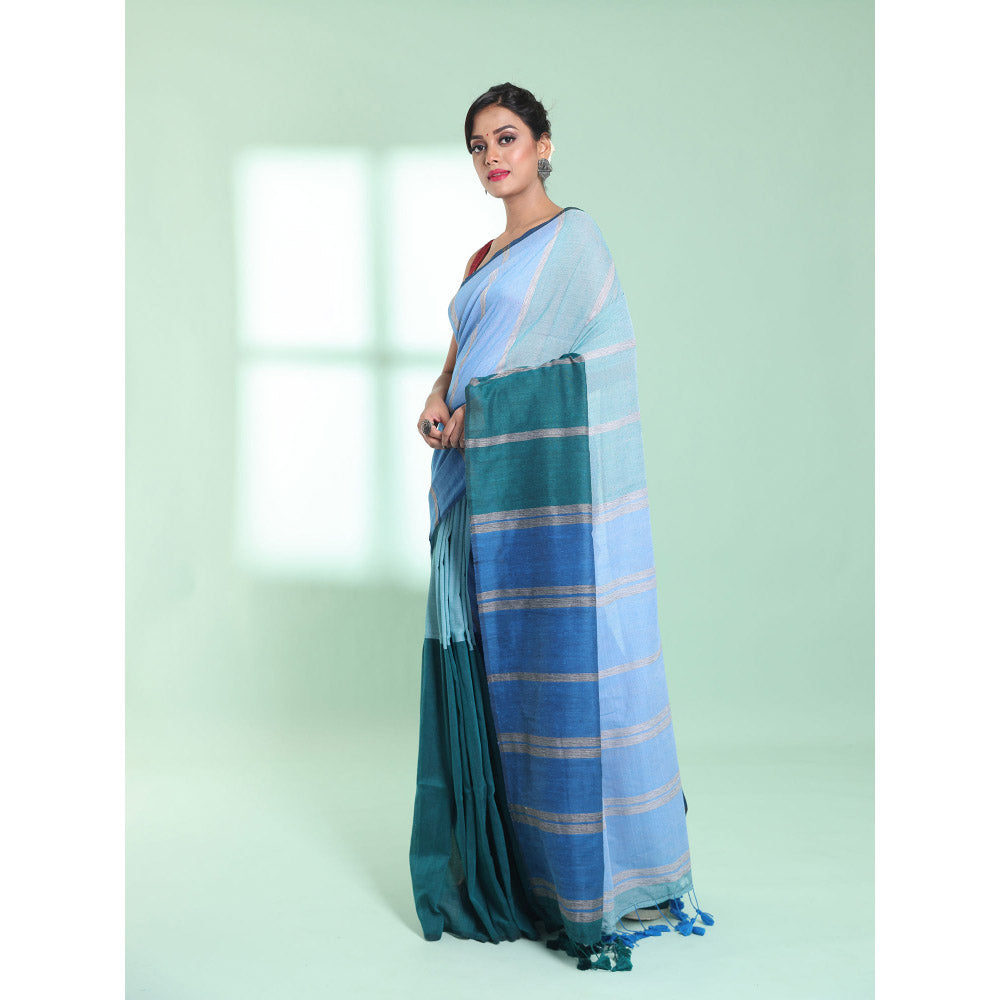 CHARUKRITI Blue Patli Pallu Cotton Saree with Stripes Design with Unstitched Blouse