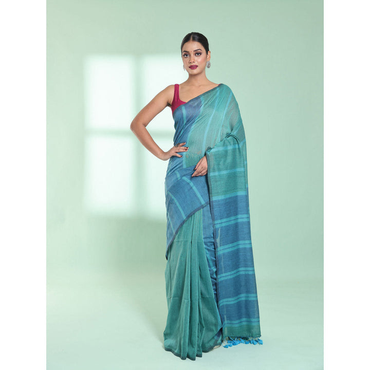 CHARUKRITI Mint Green Patli Pallu Cotton Zari Stripes Saree with Unstitched Blouse