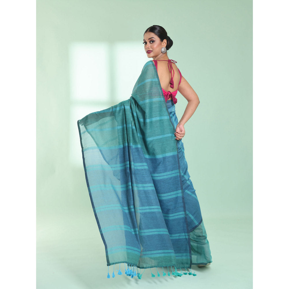 CHARUKRITI Mint Green Patli Pallu Cotton Zari Stripes Saree with Unstitched Blouse