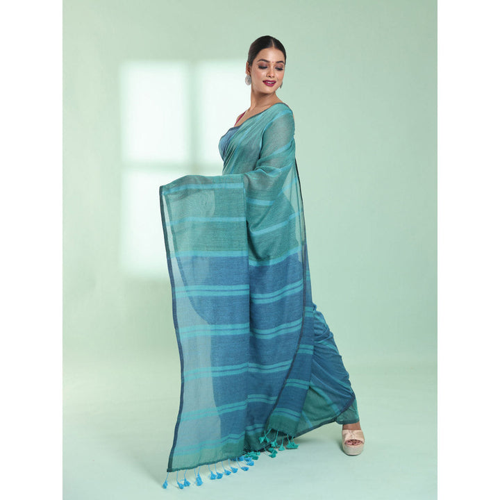 CHARUKRITI Mint Green Patli Pallu Cotton Zari Stripes Saree with Unstitched Blouse