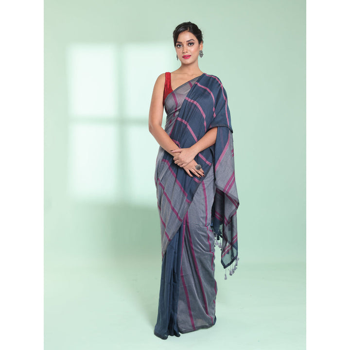 CHARUKRITI Dark Grey Patli Pallu Cotton Zari Stripes Saree with Unstitched Blouse