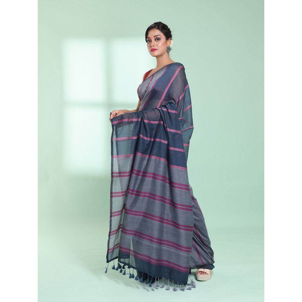 CHARUKRITI Dark Grey Patli Pallu Cotton Zari Stripes Saree with Unstitched Blouse