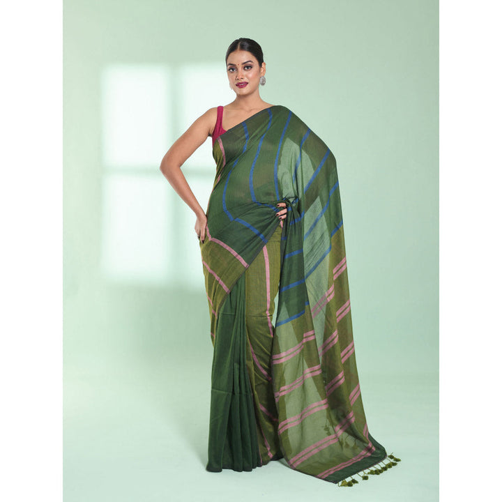 CHARUKRITI Green Patli Pallu Cotton Saree with Stripes Design with Unstitched Blouse