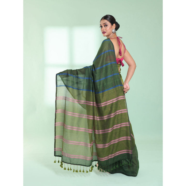 CHARUKRITI Green Patli Pallu Cotton Saree with Stripes Design with Unstitched Blouse