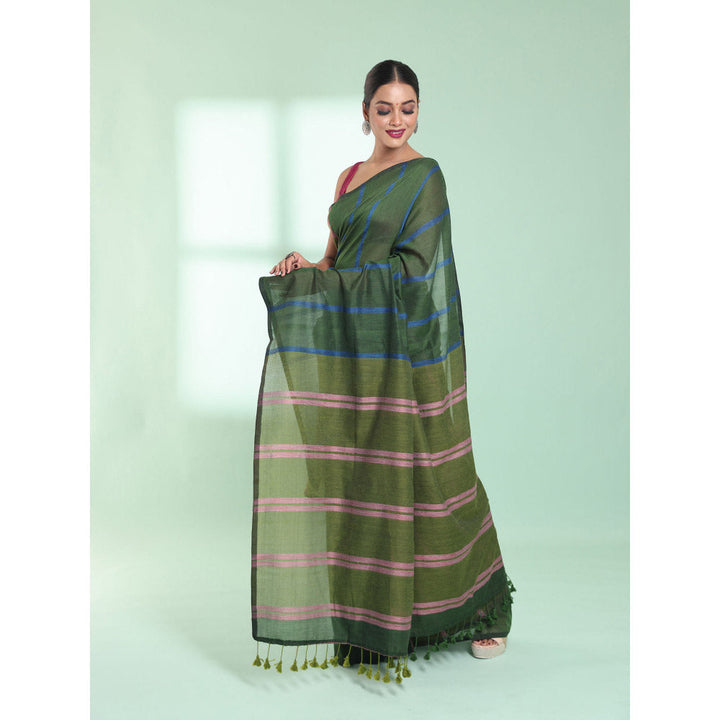 CHARUKRITI Green Patli Pallu Cotton Saree with Stripes Design with Unstitched Blouse