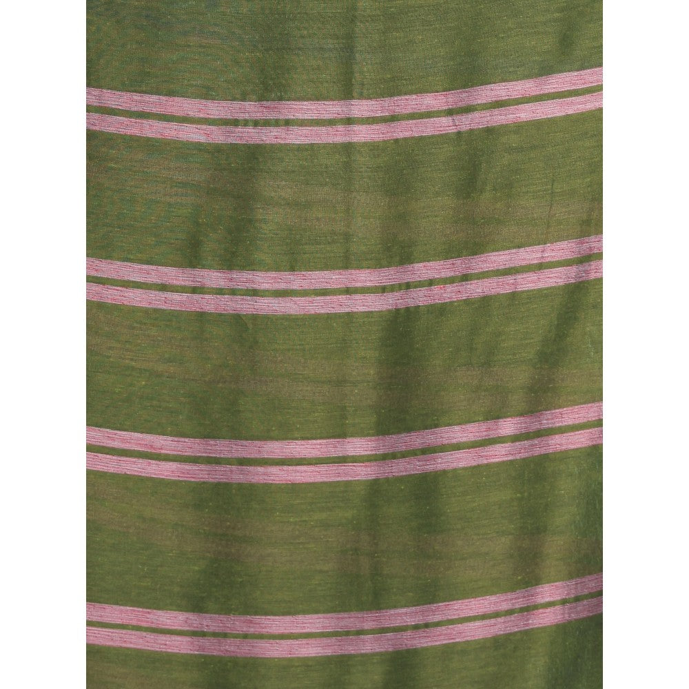 CHARUKRITI Green Patli Pallu Cotton Saree with Stripes Design with Unstitched Blouse