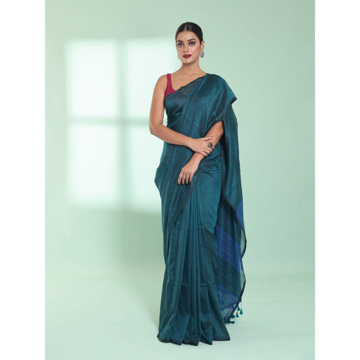 CHARUKRITI Teal Cotton Saree with Sequin Work with Unstitched Blouse