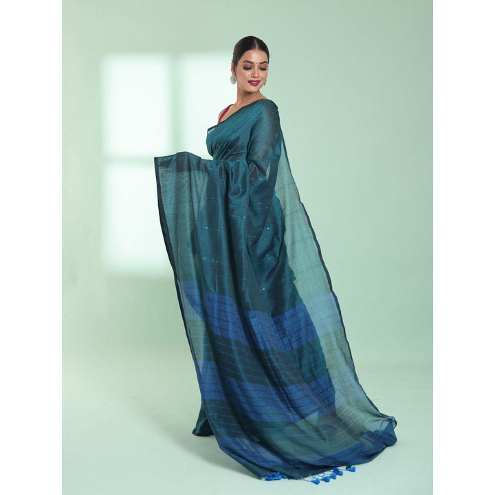 CHARUKRITI Teal Cotton Saree with Sequin Work with Unstitched Blouse