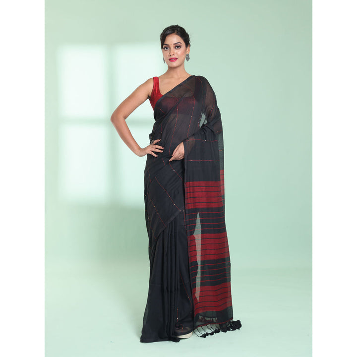 CHARUKRITI Black Cotton Saree with Sequin Work with Unstitched Blouse