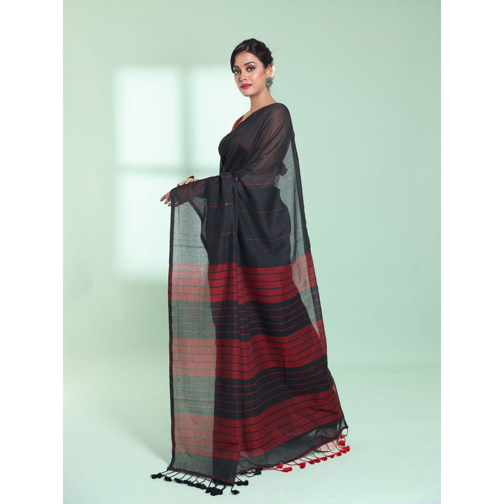 CHARUKRITI Black Cotton Saree with Sequin Work with Unstitched Blouse