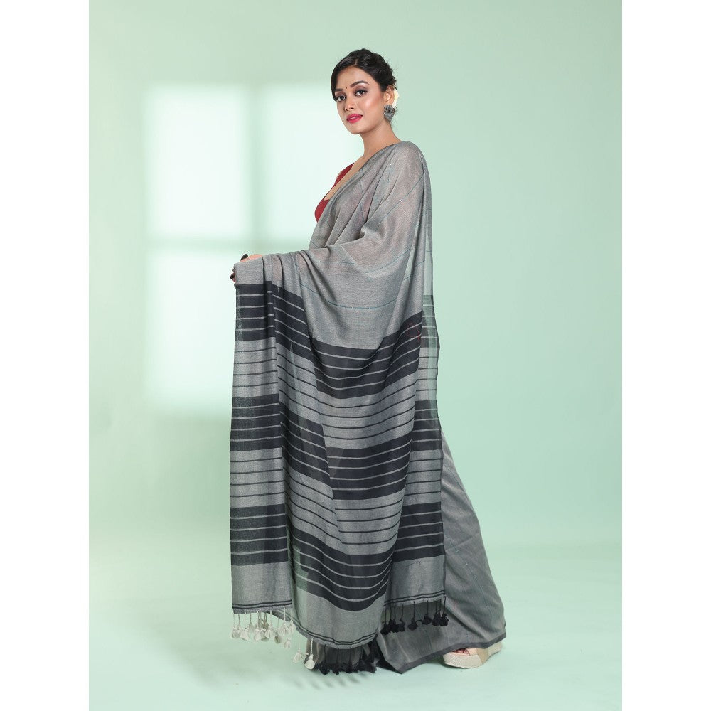 CHARUKRITI Steel Grey Cotton Saree with Sequin Work with Unstitched Blouse