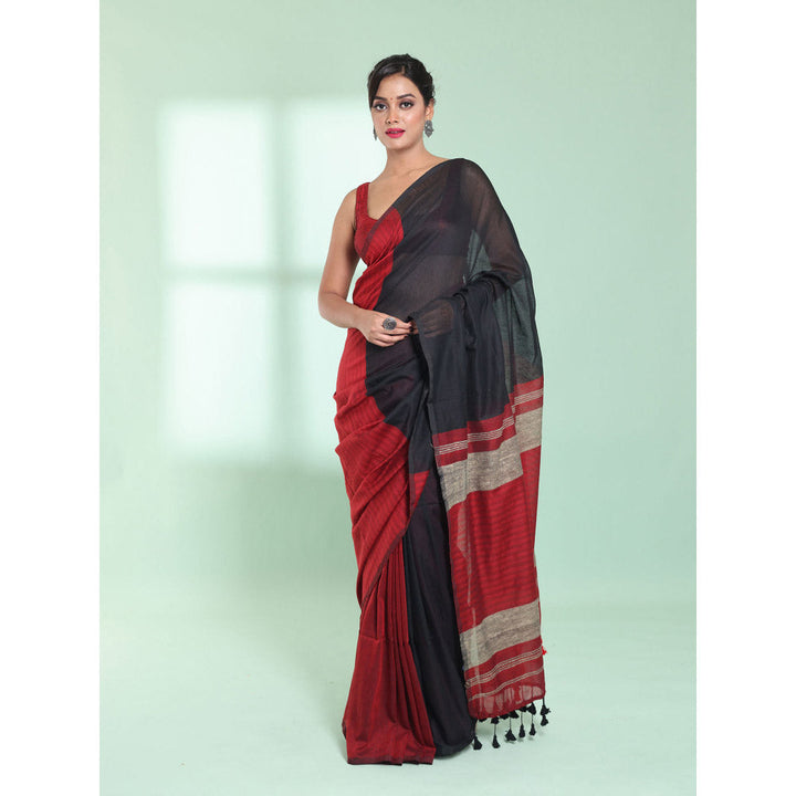 CHARUKRITI Black Patli Pallu Cotton Saree with Texture Design with Unstitched Blouse