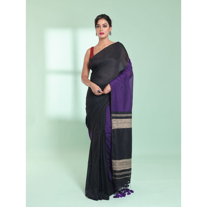 CHARUKRITI Black Patli Pallu Cotton Saree with Texture Design with Unstitched Blouse