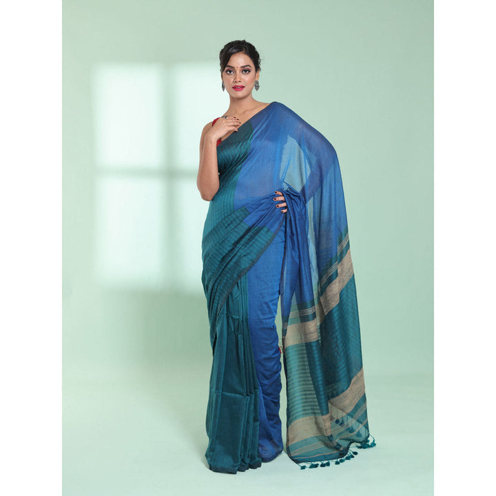 CHARUKRITI Teal Blue Patli Pallu Cotton Texture Design Saree with Unstitched Blouse