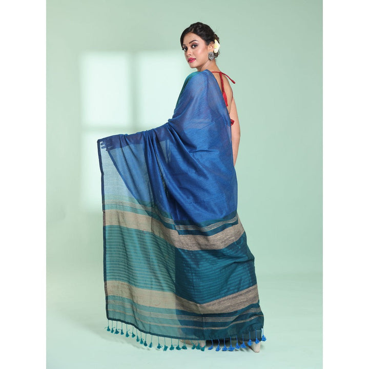 CHARUKRITI Teal Blue Patli Pallu Cotton Texture Design Saree with Unstitched Blouse