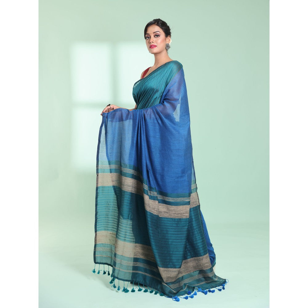 CHARUKRITI Teal Blue Patli Pallu Cotton Texture Design Saree with Unstitched Blouse