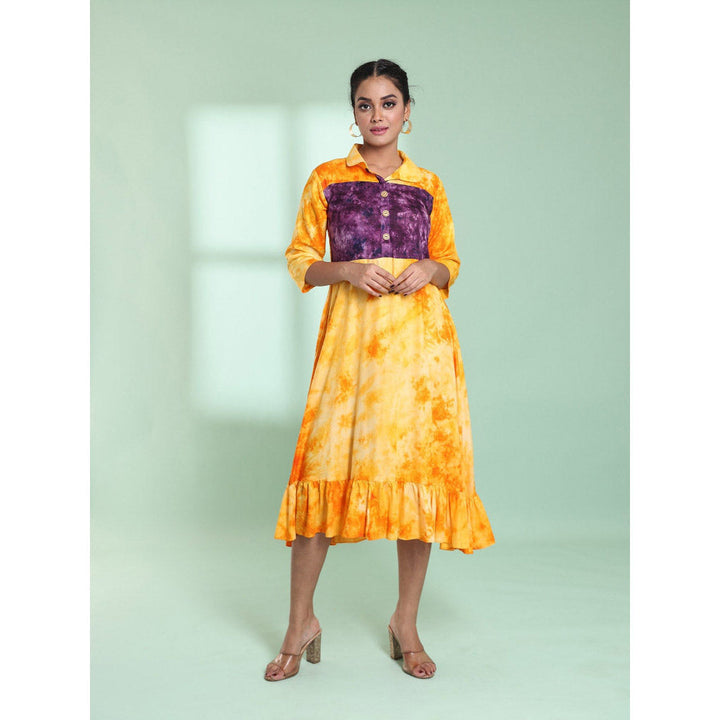 CHARUKRITI Yellow Rayon Printed Stitched Ethnic Dress