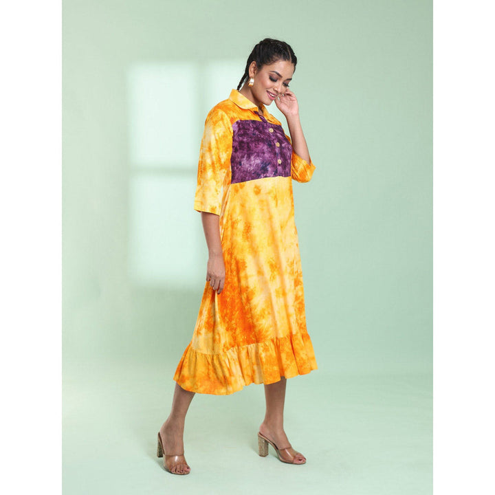 CHARUKRITI Yellow Rayon Printed Stitched Ethnic Dress